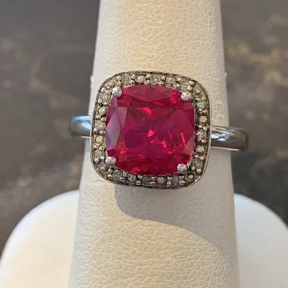 Sterling Silver Synthetic Ruby & Diamond Halo Ring - Picture 2 of 5